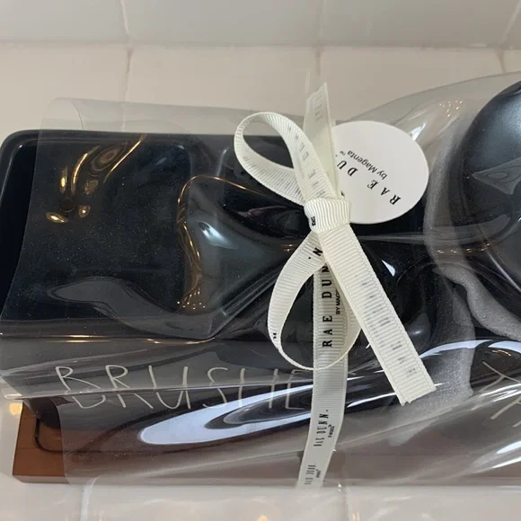 NWT Rae Dunn BRUSHES & THINGS brush holder and canister with lid black on wood - Picture 5 of 5
